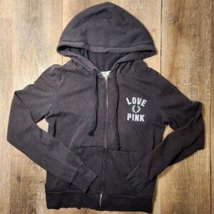 ✨🖤Victoria's Secret PINK Black Full-Zip Hoodie Sweatshirt LOVE PINK Graphic-S